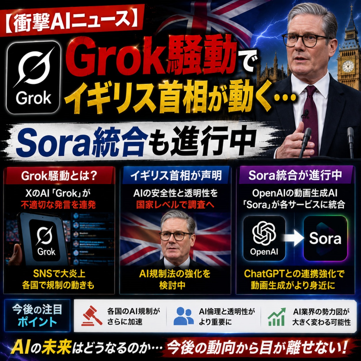 【衝撃AIニュース】Grok騒動でイギリス首相が動く…Sor