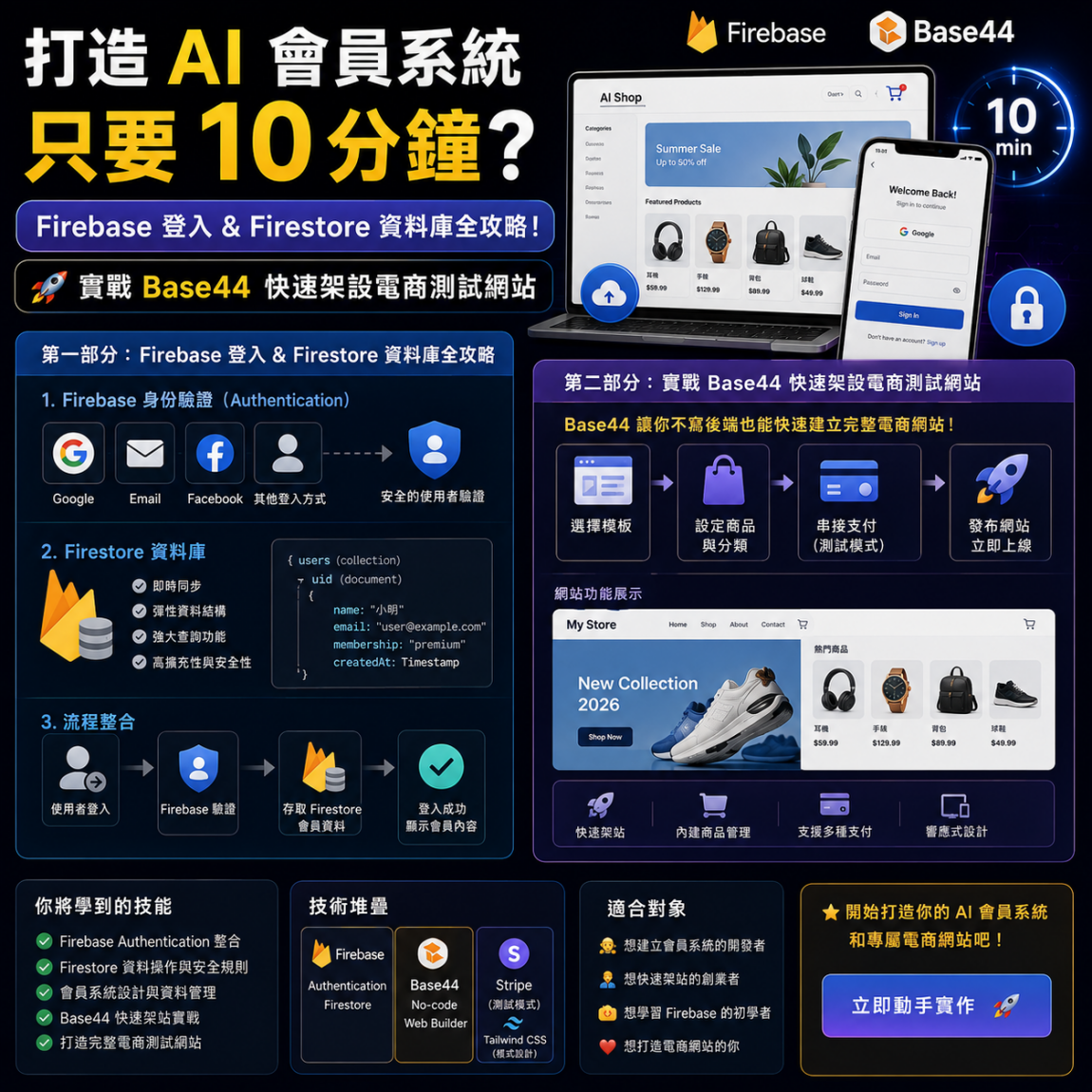 打造 AI 會員系統只要 10 分鐘？Firebase 登入 & Firestore 資料庫全攻略！ 實戰 Base44 快速架設電商測試網站